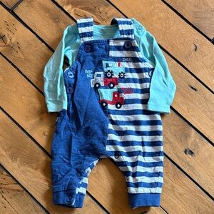 Striped Blue & Grey Tractor + Truck Overall Set for Babies 0-3 months
